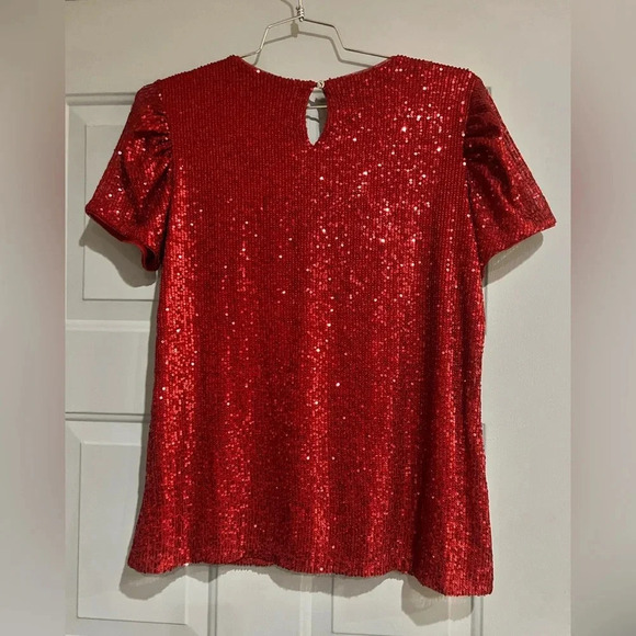 Sequin red short sleeve women’s shirt size Large DKNY brand. NNT - Picture 5 of 9